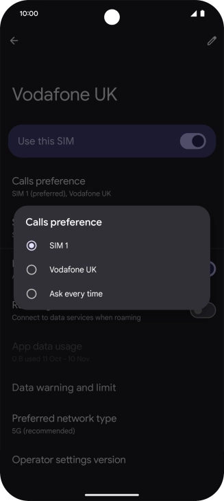 Press the required setting.