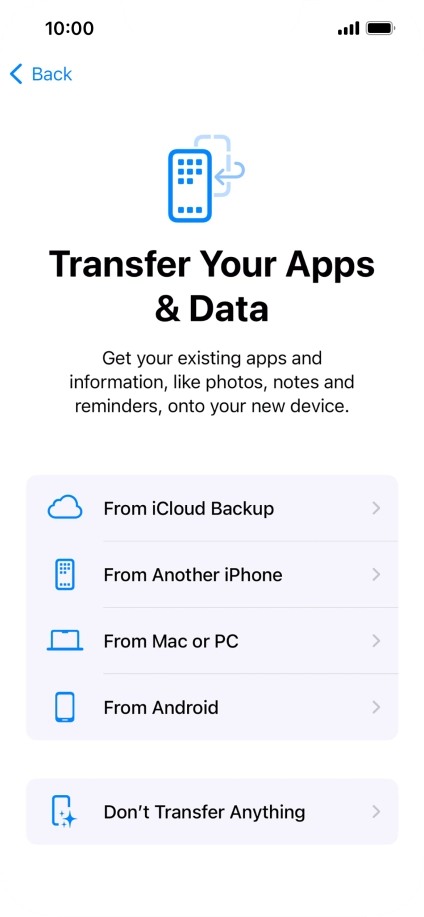 You can transfer content from an Android phone when your phone is activated for the first time and after a factory reset. When this screen is displayed, your phone is ready to transfer content from an Android phone.