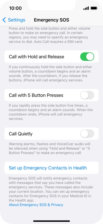 Press Set up Emergency Contacts in Health and follow the instructions on the screen to key in your emergency info and emergency contacts. Press Set up Emergency Contacts in Health and follow the instructions on the screen to key in your emergency info and emergency contacts.