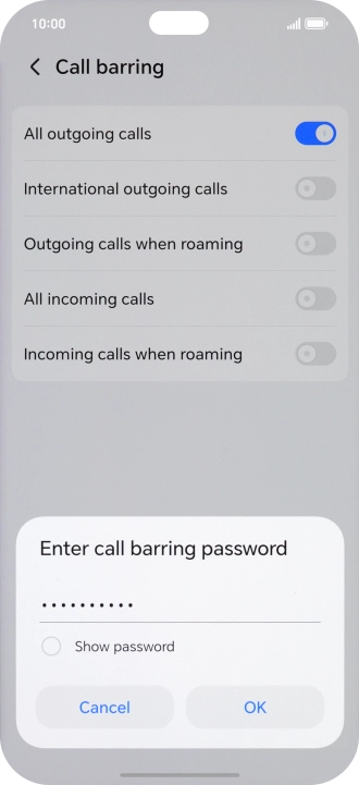 Key in your barring password and press OK. The default barring password is 1919. Key in your barring password and press OK. The default barring password is 1919.