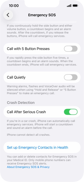 Press Set up Emergency Contacts in Health and follow the instructions on the screen to key in your emergency info and emergency contacts. Press Set up Emergency Contacts in Health and follow the instructions on the screen to key in your emergency info and emergency contacts.