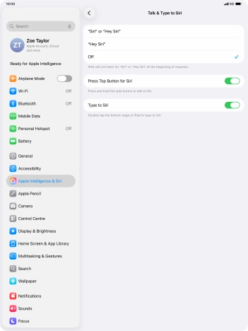 Press the required setting to turn the function on or off. If you turn on the function, you need to follow the instructions on the screen to set up Siri to recognise your voice. Press the required setting to turn the function on or off. If you turn on the function, you need to follow the instructions on the screen to set up Siri to recognise your voice.