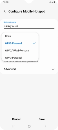 Press WPA3-Personal to password protect your Wi-Fi hotspot. Press WPA3-Personal to password protect your Wi-Fi hotspot.