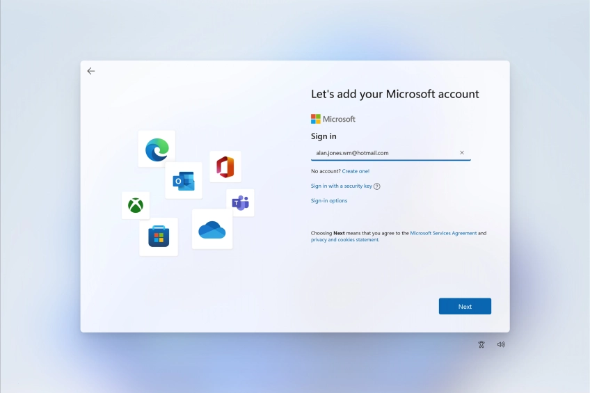 Key in the username for your Microsoft account and click Next. Key in the username for your Microsoft account and click Next.