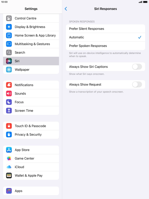 Press the required setting.
