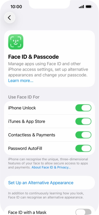 Press the indicators next to the required settings to turn them on or off.