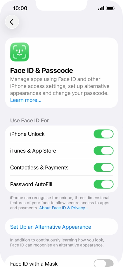 Press the indicators next to the required settings to turn them on or off.
