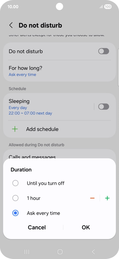 Press the required setting.