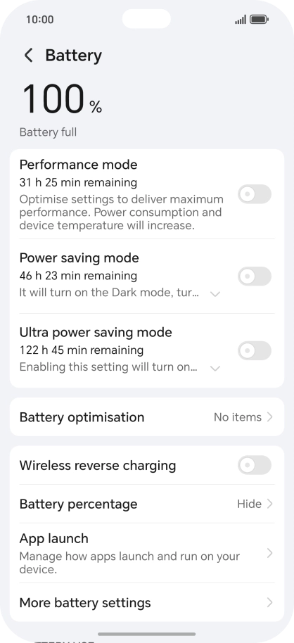 Press More battery settings. Press More battery settings.