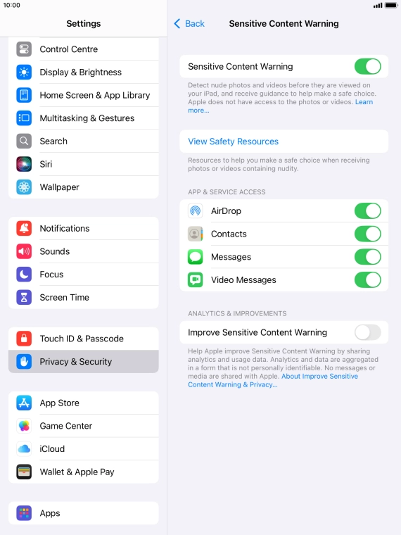 Press the indicators next to the required applications to turn the function on or off.
