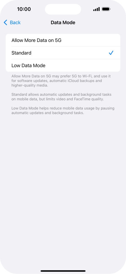 Press the required setting. Press the required setting.