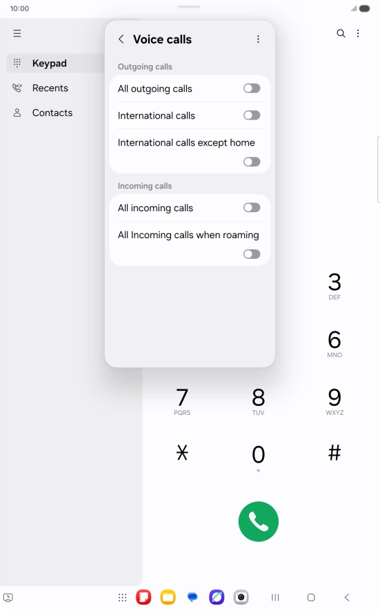 Press the indicator next to the required barring type to turn the function on or off.