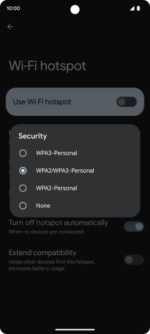 Press WPA3-Personal to password protect your Wi-Fi hotspot. Press WPA3-Personal to password protect your Wi-Fi hotspot.