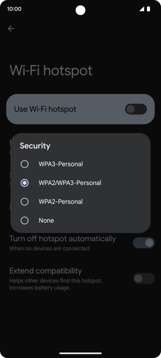 Press WPA3-Personal to password protect your Wi-Fi hotspot. Press WPA3-Personal to password protect your Wi-Fi hotspot.