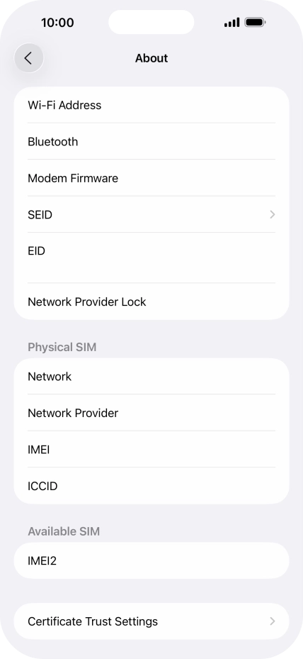 Your phone's EID number is displayed below EID. Your phone's EID number is displayed below EID.