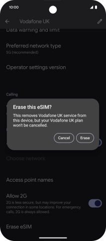 Press Erase and follow the instructions on the screen to delete your eSIM. Press Erase and follow the instructions on the screen to delete your eSIM.