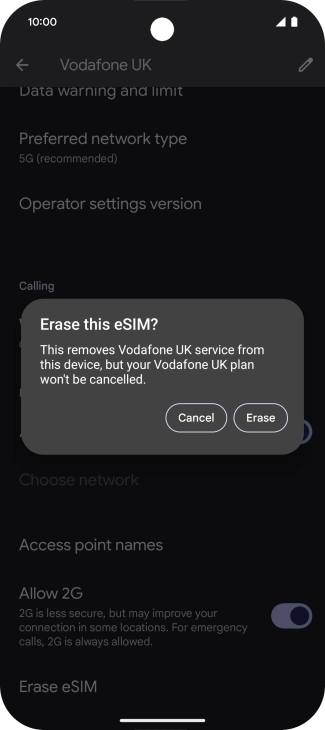 Press Erase and follow the instructions on the screen to delete your eSIM. Press Erase and follow the instructions on the screen to delete your eSIM.