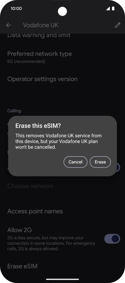 Press Erase and follow the instructions on the screen to delete your eSIM. Press Erase and follow the instructions on the screen to delete your eSIM.
