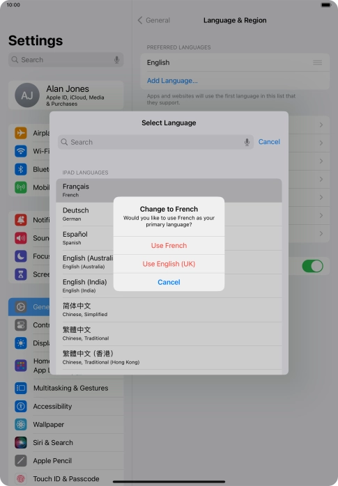 To select the new language as the default tablet language, press Use ‹language›. To select the new language as the default tablet language, press Use ‹language›.
