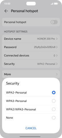 Press WPA3-Personal to password protect your Wi-Fi hotspot. Press WPA3-Personal to password protect your Wi-Fi hotspot.