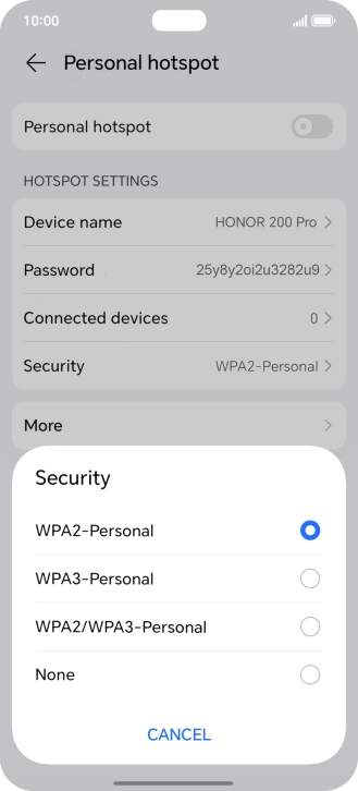 Press WPA3-Personal to password protect your Wi-Fi hotspot. Press WPA3-Personal to password protect your Wi-Fi hotspot.