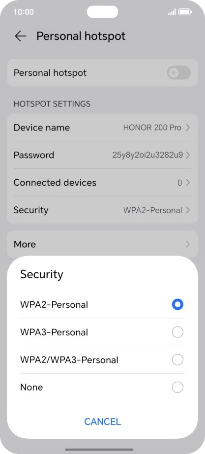 Press WPA3-Personal to password protect your Wi-Fi hotspot. Press WPA3-Personal to password protect your Wi-Fi hotspot.