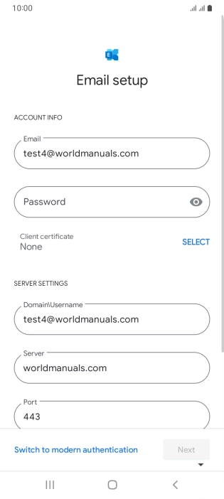 Press Password and key in the password for your email account. Press Password and key in the password for your email account.