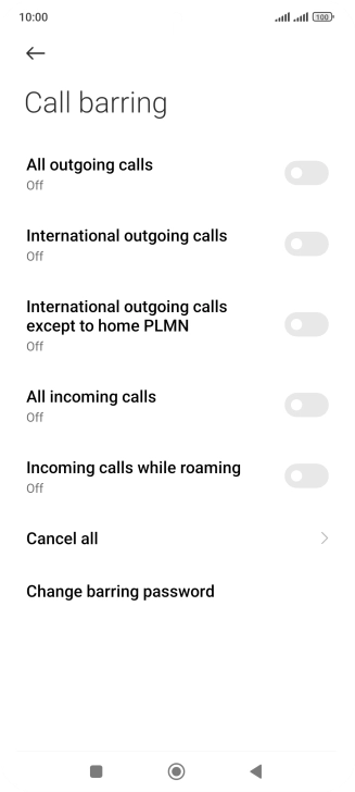 Press the indicator next to the required barring type to turn the function on or off.