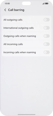 Press the indicator next to the required barring type to turn the function on or off. Press the indicator next to the required barring type to turn the function on or off.