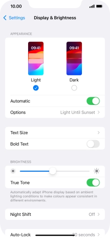 If you turn on the function, press Options and follow the instructions on the screen to select the required period of time for Dark Mode. If you turn on the function, press Options and follow the instructions on the screen to select the required period of time for Dark Mode.