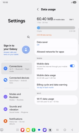 The total data usage is displayed. The total data usage is displayed.