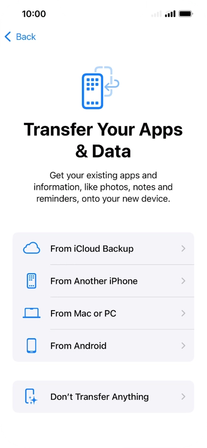 You can transfer content from an Android phone when your phone is activated for the first time and after a factory reset. When this screen is displayed, your phone is ready to transfer content from an Android phone. You can transfer content from an Android phone when your phone is activated for the first time and after a factory reset. When this screen is displayed, your phone is ready to transfer content from an Android phone.