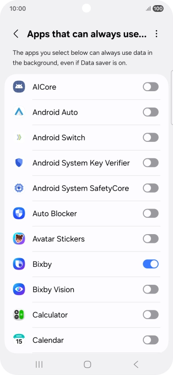Press the indicators next to the required apps to turn the function on or off.