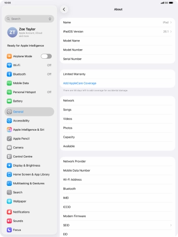 Your tablet's software version is displayed next to iPadOS Version. Your tablet's software version is displayed next to iPadOS Version.