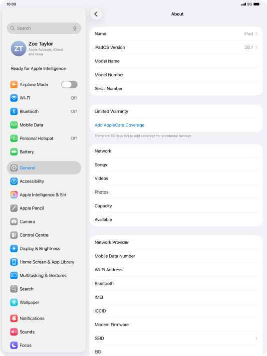 Your tablet's software version is displayed next to iPadOS Version. Your tablet's software version is displayed next to iPadOS Version.