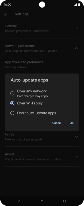 To turn on automatic update of apps using mobile network, press Over any network.