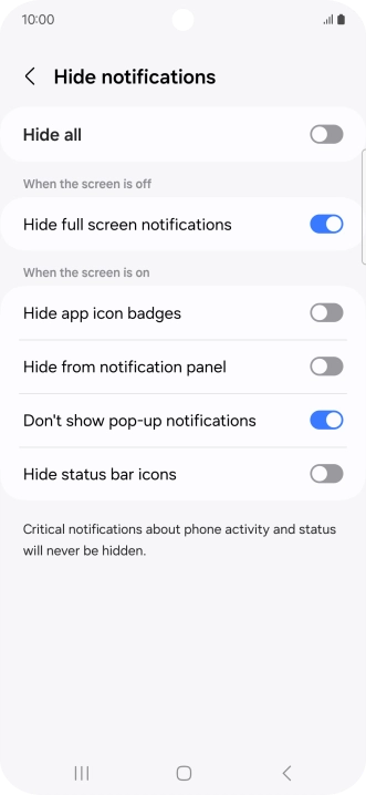 Press the indicators next to the required settings to turn display of the selected notification types on or off. Press the indicators next to the required settings to turn display of the selected notification types on or off.