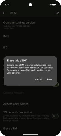 Press Erase and follow the instructions on the screen to delete your eSIM. Press Erase and follow the instructions on the screen to delete your eSIM.