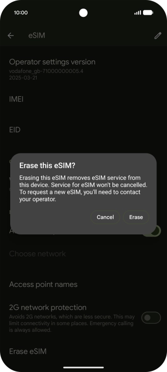 Press Erase and follow the instructions on the screen to delete your eSIM. Press Erase and follow the instructions on the screen to delete your eSIM.