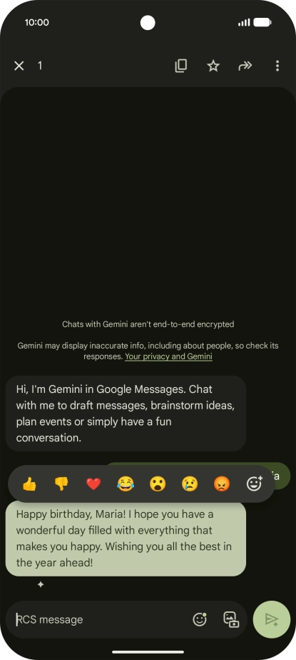 Press and hold the text suggestion from Gemini. Follow the instructions on the screen to use the text suggestion. Press and hold the text suggestion from Gemini. Follow the instructions on the screen to use the text suggestion.