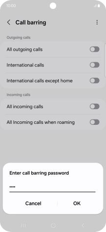 Key in your barring password and press OK. The default barring password is 1919.