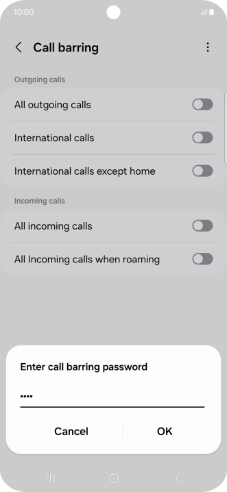 Key in your barring password and press OK. The default barring password is 1919.