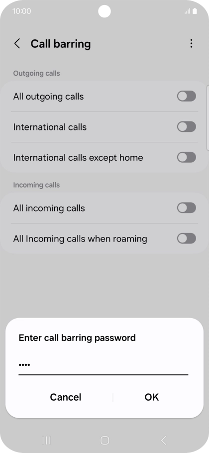 Key in your barring password and press OK. The default barring password is 1919.