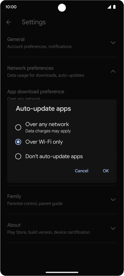 To turn on automatic update of apps using mobile network, press Over any network. To turn on automatic update of apps using mobile network, press Over any network.