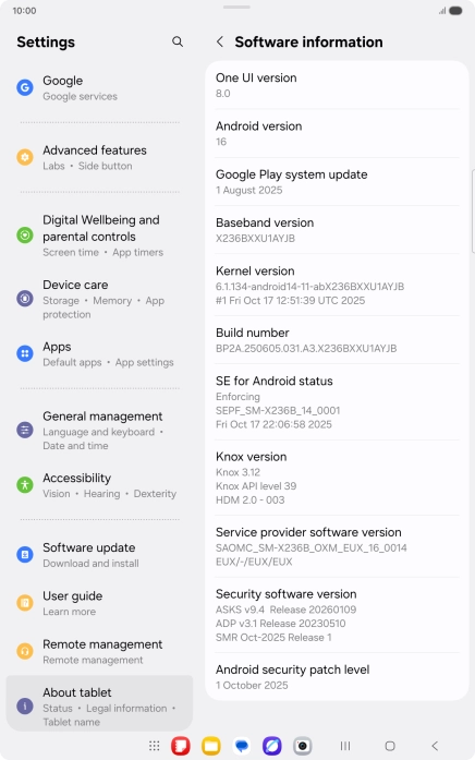 Your tablet's software version is displayed below Android version.