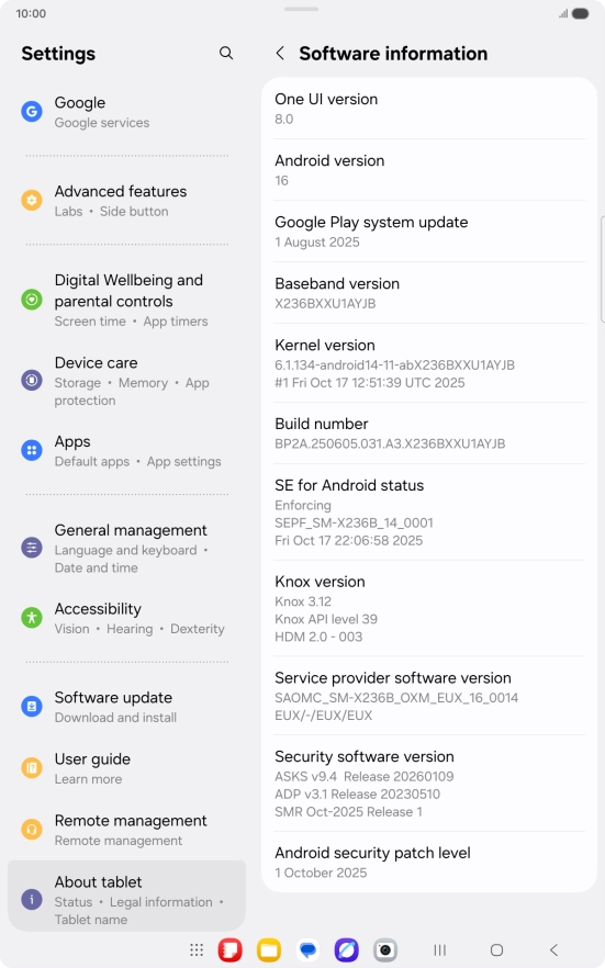 Your tablet's software version is displayed below Android version.
