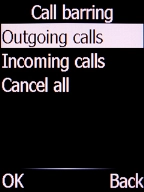 Select the required barring category and press the Left selection key. Select the required barring category and press the Left selection key.