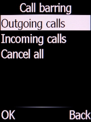 Select the required barring category and press the Left selection key. Select the required barring category and press the Left selection key.
