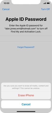 Key in the password for your Apple ID and press Erase iPhone. Wait a moment while the factory default settings are restored. Follow the instructions on the screen to set up your phone and prepare it for use. Key in the password for your Apple ID and press Erase iPhone. Wait a moment while the factory default settings are restored. Follow the instructions on the screen to set up your phone and prepare it for use.