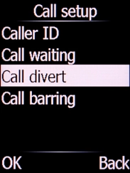 Select Call divert and press the Left selection key. Select Call divert and press the Left selection key.